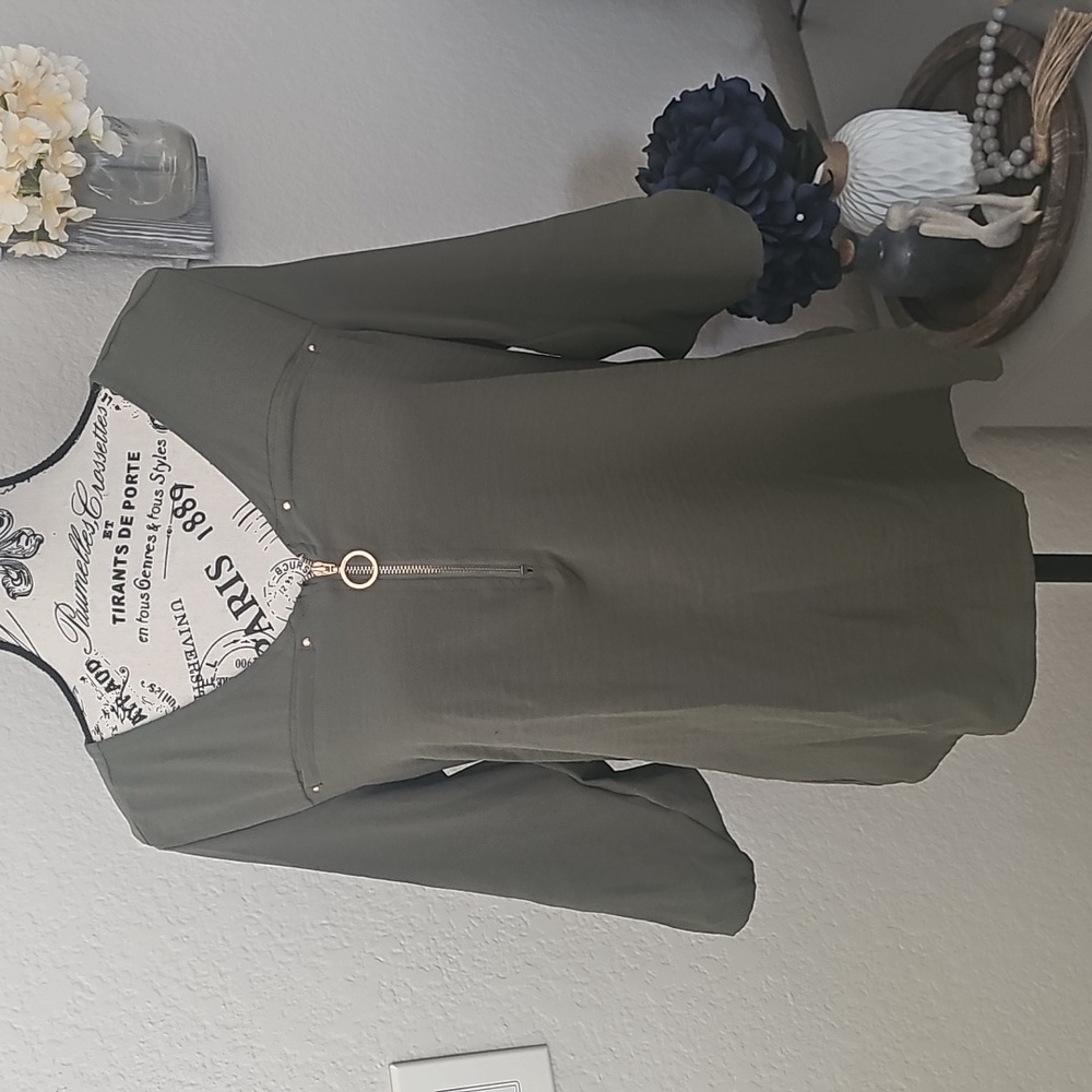 Olive Green Women's Blouse with Gold Zipper